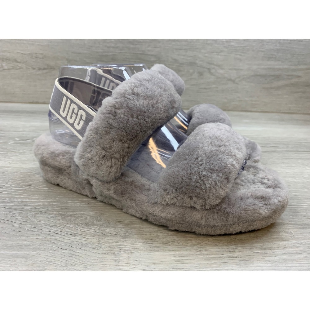UGG Fluff Yeah Slide Grey Sheepskin Logo Elastic Strap Sandals Women's 8